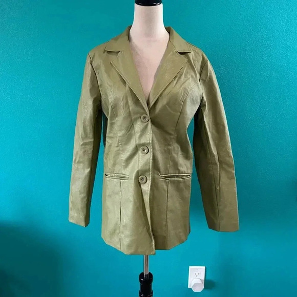 Princess Polly Green Leather Three Button Single Breasted BLazer Jacket Size S/M - Picture 2 of 5